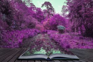 Purple Trees Near Pond with open book
